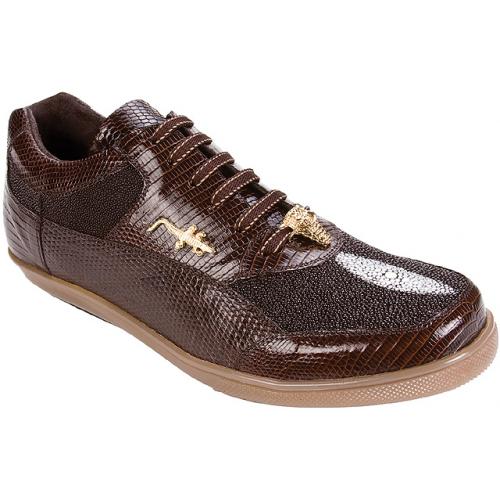Belvedere "Polo II 2806" Brown Genuine Stingray/Lizard Sneakers With Crocodile On The Side